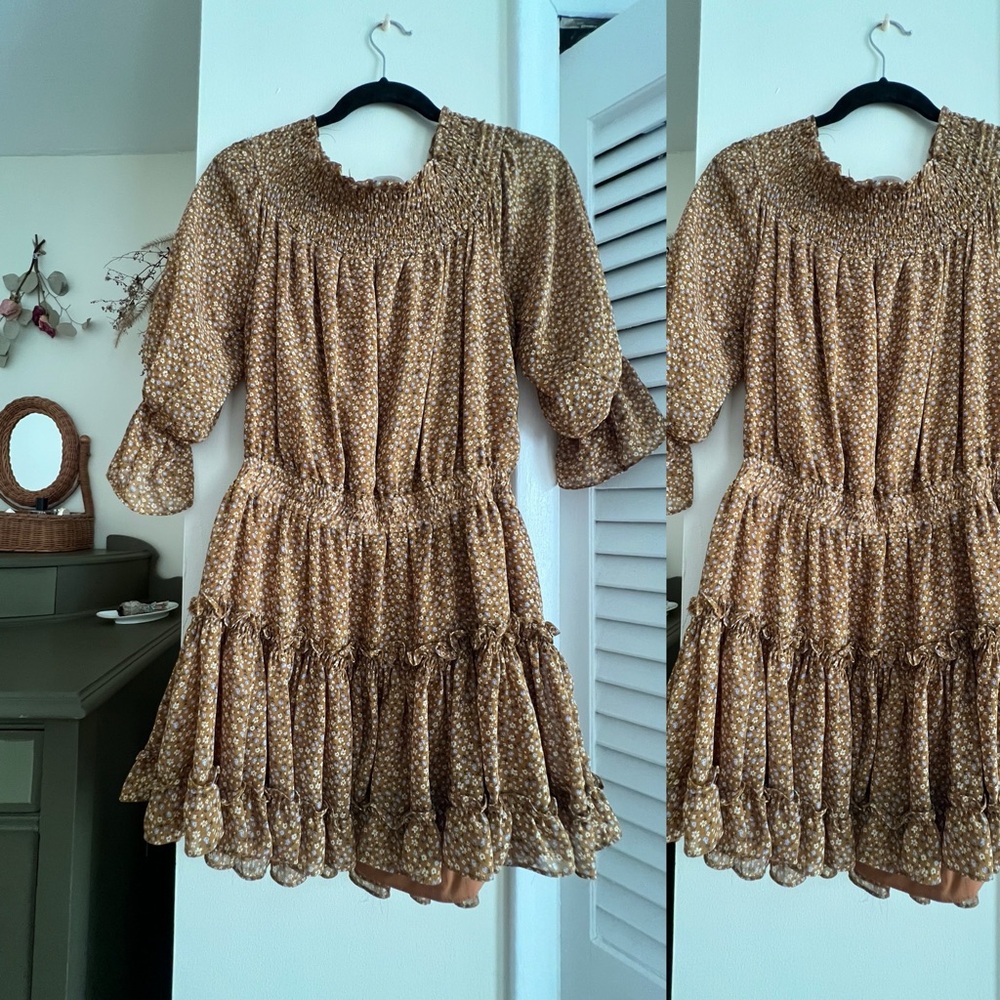 Mystic Tan Ruffled Tiered Mini Dress